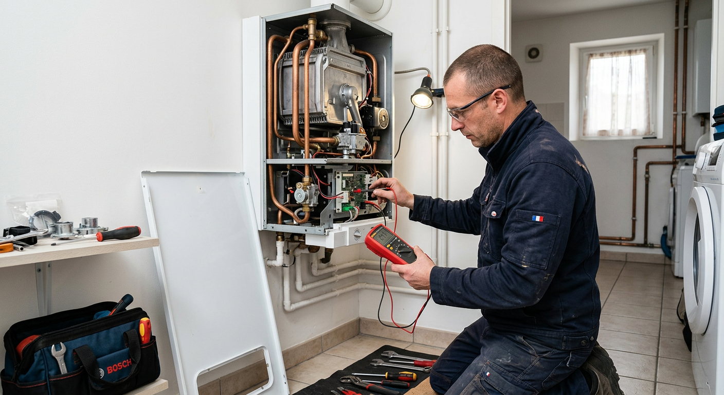 Chauffagiste réparant une chaudière gaz murale à Sartrouville