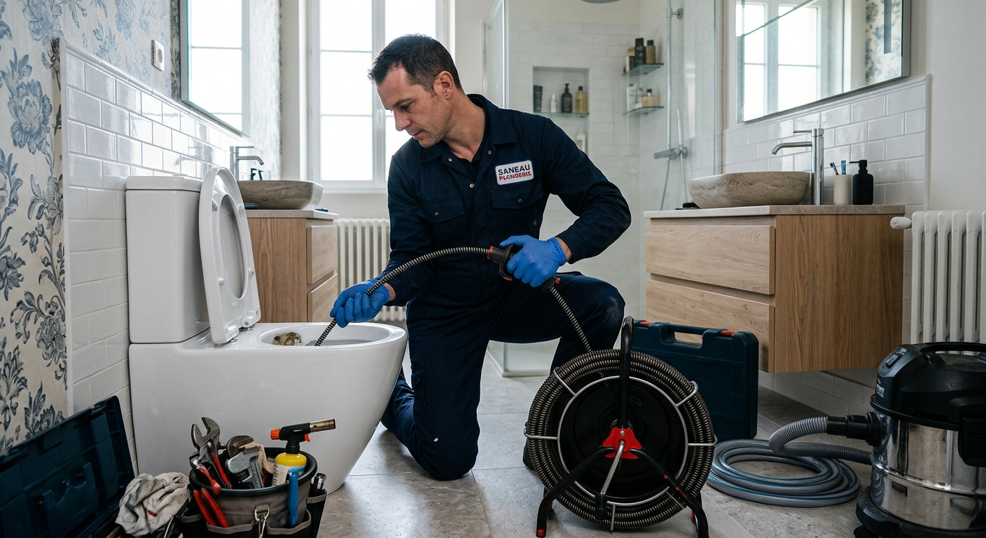 Plombier débouchant des WC avec un furet électrique à Sartrouville