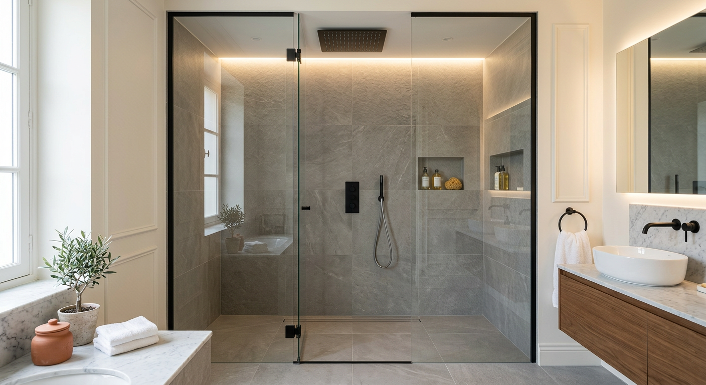 Installation de salle de bain moderne avec douche à l'italienne à Sartrouville